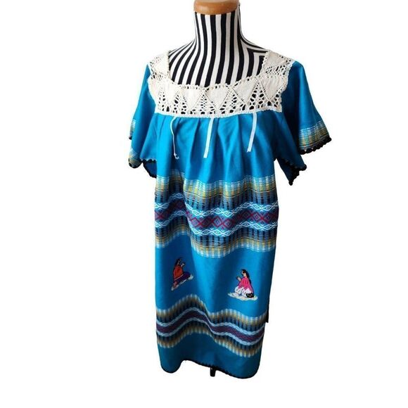 Vintage 90s Embroidered Indian Blanket Maxi Dress M Vibrant Blue Boho - Picture 1 of 8